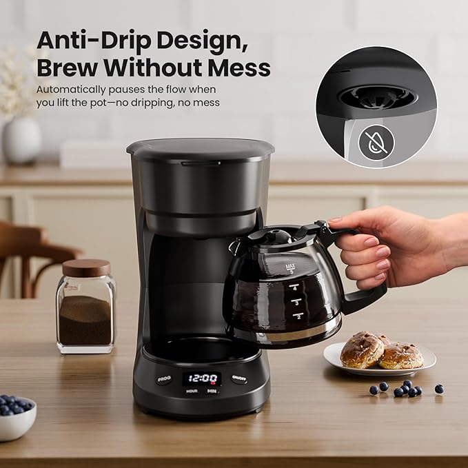 Kismile 5-Cup Drip Coffee Machine with LED Display, Small Coffee Maker with Anti-Drip, Timer, Auto Shut-Off, Dry-Boil Protection, Removable Funnel, Compact, Ideal for Home & Office (Black)