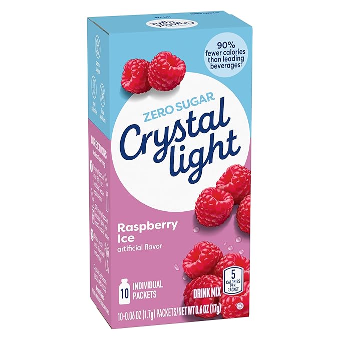 Crystal Light Drink Mix, 12 Packets, for Convenient On-the-Go Flavorful Hydration, Artificially Flavored Raspberry Ice, Zero Sugar, . 6 oz each