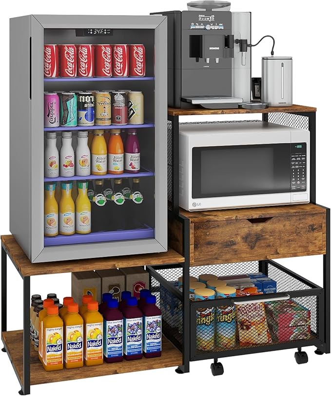 PUNCIA Mini Fridge Stand with Storage, Coffee Bar Cabinet with Power Outlet and Drawer — Beverage Refrigerator Table, Microwave Oven Stand with Rolling Basket for Home, Dorm, Apartment, Pantry