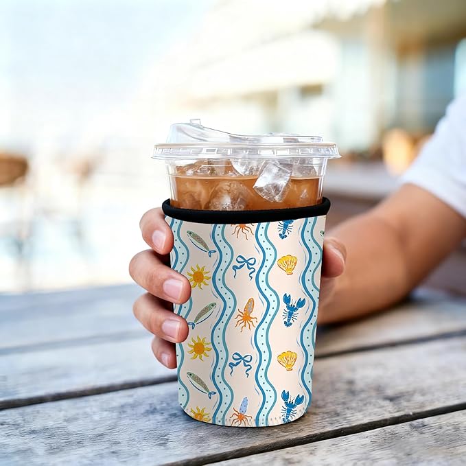 Neoprene Iced Coffee Sleeve 3 Pack, Reusable Insulated Cup Holder with Cute Ocean Pattern, Fits 16–32 oz Tumblers, Compatible with Starbucks & Dunkin, Drink Sleeves for Iced Coffee