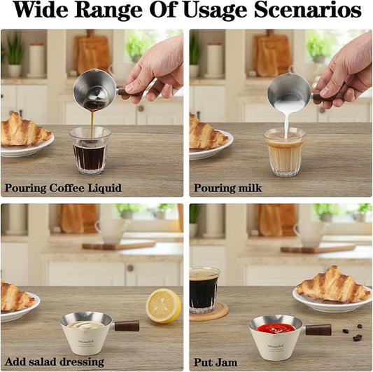 Mongdio Espresso Measuring Cup, Stainless Steel Espresso Shot Cups with Wooden Handle and Double Spouts, 3.4OZ/100ML, White