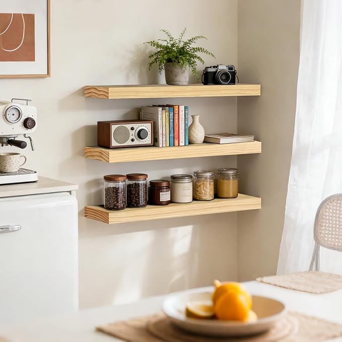 Floating Wall Shelves 24x6.8x1.7 Inch – Solid Wood Rustic Shelves in Natural Wood Finish – Wall Mounted Display Shelf for Bathroom, Kitchen, Bedroom – Set of 3