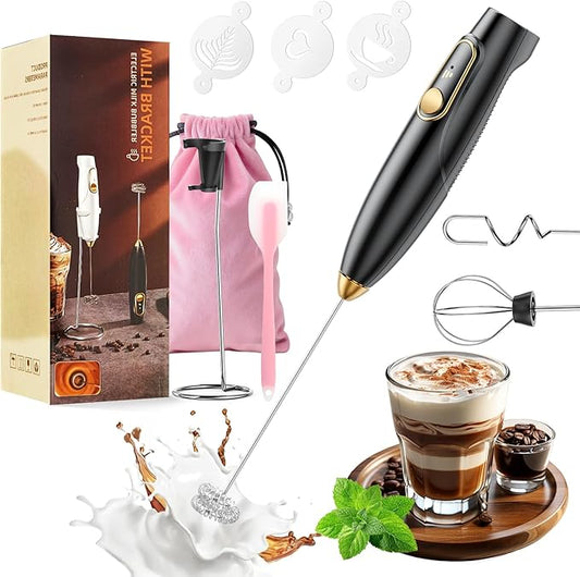 Rechargeable Milk Frother Wand with Stand, Electric Handheld Coffee Frother with 3 Detachable Whisks, Travel Milk Foamer for Protein Powder, Drinks, Espumador de Leche Electrico