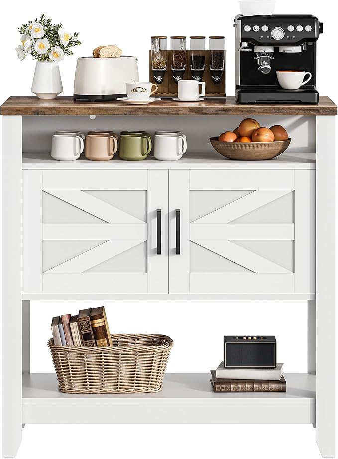 Console Table, Farmhouse Sofa Table with Power Outlet, Coffee Bar Cabinet with Storage, Entryway Table, Coffee Bar Table, for Entrance, Hallway, Kitchen, White and Walnut MXG01UWL