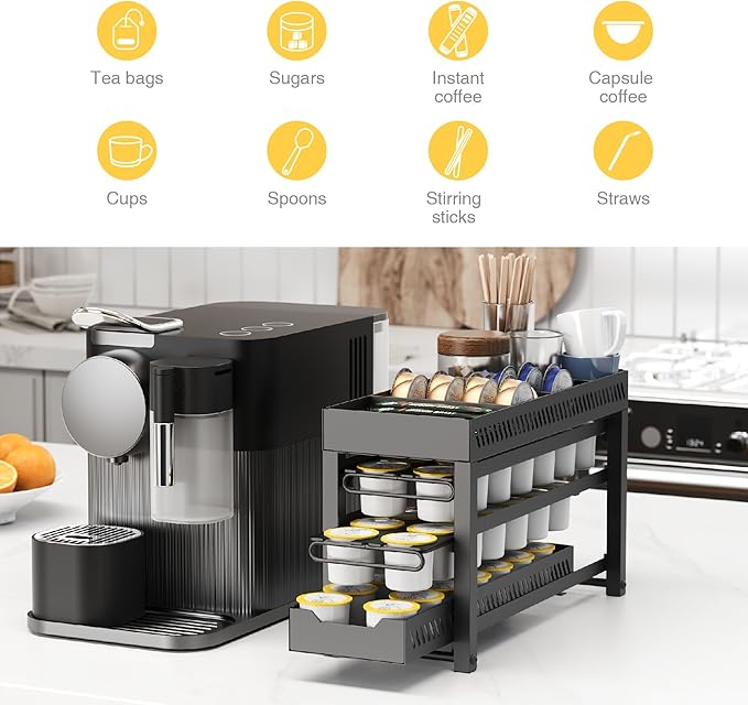 Coffee Pod Holder for K Cups with 3 Tier Slidng Storage Drawer and 4 Coffee Accessories Baskets on The Top, K Cups Save Space Organizer for Home Office Cafe Counter and Kitchen, Black