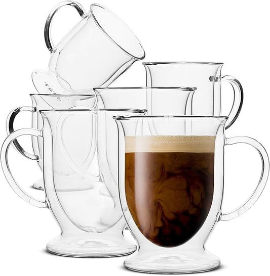 BTaT- Double Walled Glass Coffee Mugs, 12 oz, Set of 6, Glass Coffee Cups with Handle, Insulated Clear Coffee Mug for Hot and Cold Beverages, Cappuccino, Latte, Tea, Americano, Microwave Safe