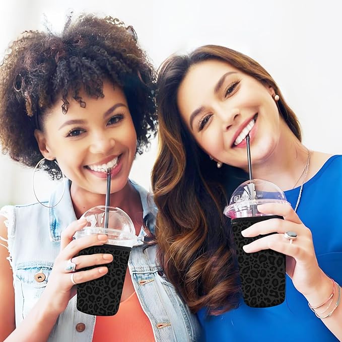 3 Pack Reusable Neoprene Insulator Sleeve for Iced Coffee Cups, Funny Coffee Cup Sleeves for 16-32oz Coffee cups, Cute Drink Sleeve for Cold Hot Beverages Cute Black Leopard
