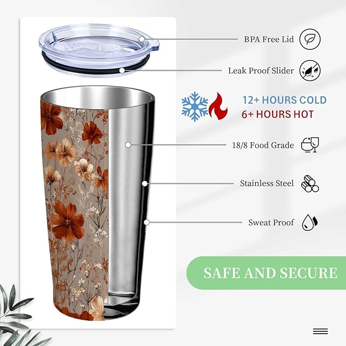 Retro Flower Tumbler 20 oz | Travel Coffee Mug with Lid and Straw | Stainless Steel Tea Cup for Men and Women | Office and Home Drinkware | Floral Christmas or Birthday Gifts