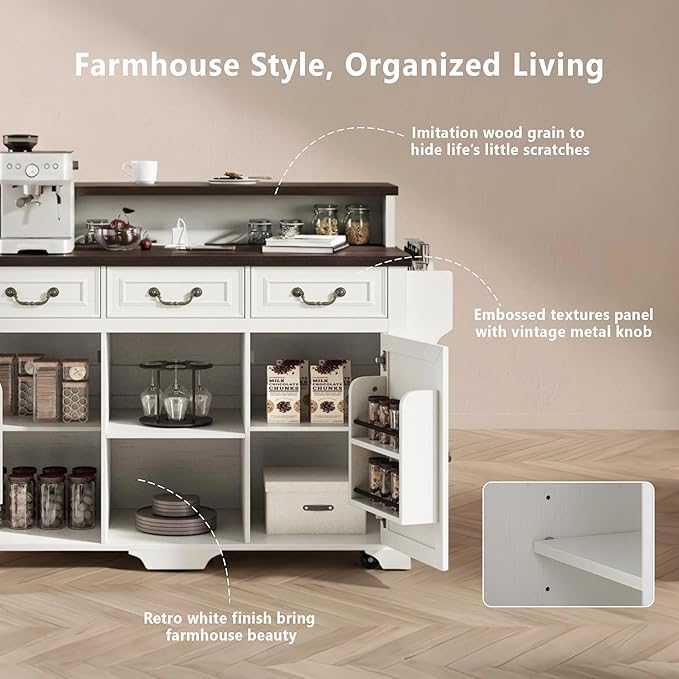 Rolling Kitchen Island with Two-Tier Bar Counter and Power Outlets, 3 Drawers & 4 Door Shelves, Mobile Kitchen Cart with Storage Cabinets & Locking Wheels for Dining Room & Kitchen, 53-Inch, White