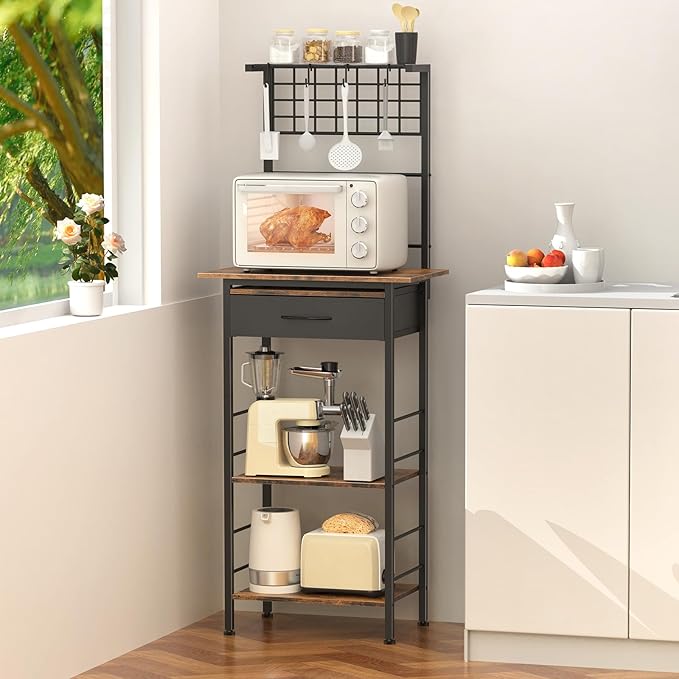 Coffee Bar Station,5 Tier Coffee Stand with Organizer Storage Drawers,Kitchen Corner Bakers Rack with 4 S-Shaped Hooks & Dual Wood,Kitchen Shelf for Small Spaces, Living Room ,Entryway (Rustic Brown)