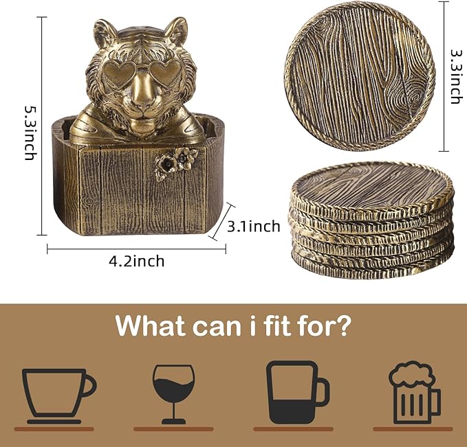 Cabin Coasters Set 6 Full Size Non-Slip Bar Coasters, Indoor Christmas Decorations, Man Cave Gifts for Men, Rustic Handmade Decor for The Home (Tiger)