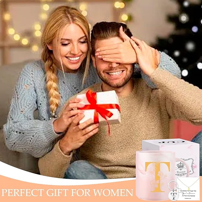 Monogrammed Christmas Gifts for Women, 11 oz Initial Ceramic Coffee Tea Mug with Necklace, Unique Birthday Gift for Her Wife Teacher Friend Mom, T
