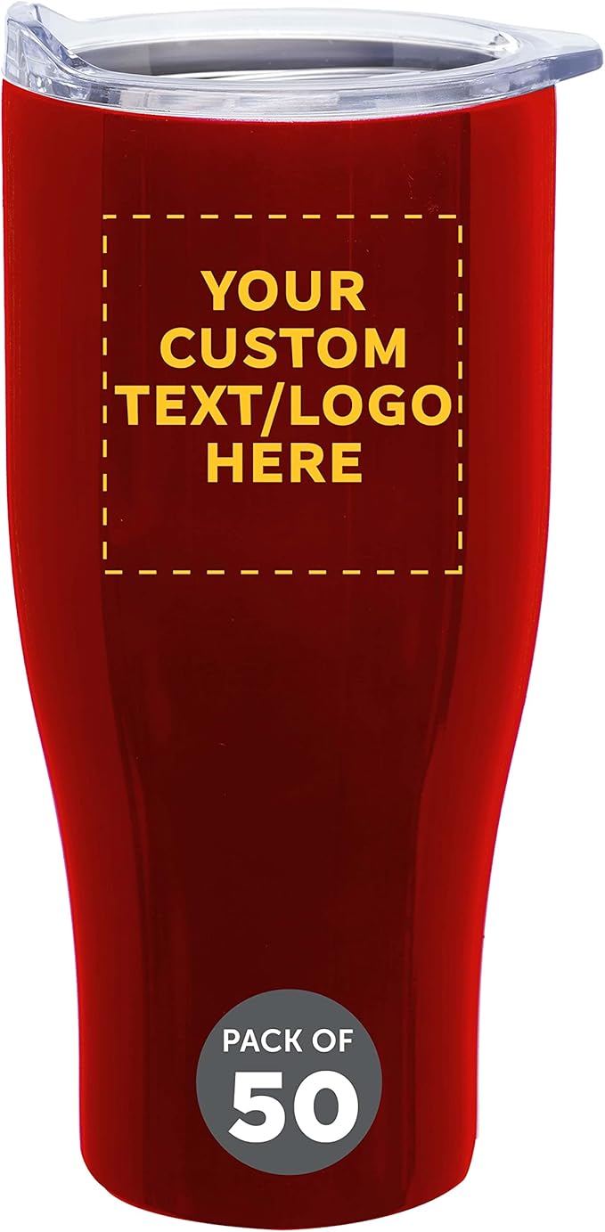 Custom Stainless Steel Grip Travel Mugs 27 oz. Set of 50, Personalized Bulk Pack - Perfect for Coffee, Soda, Other Hot & Cold Beverages - Red