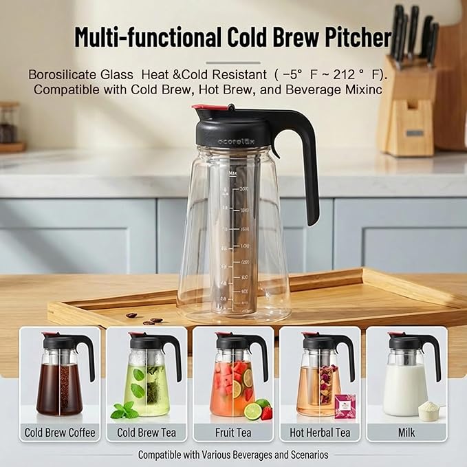 ECORELAX Cold Brew Coffee Maker,High Transparency Borosilicate Glass Container with Stainless Steel Filter, Iced Tea Pitcher with Lid,Modern Style, Ergonomic Handle,Spill-proof Lid (（Black 64oz)