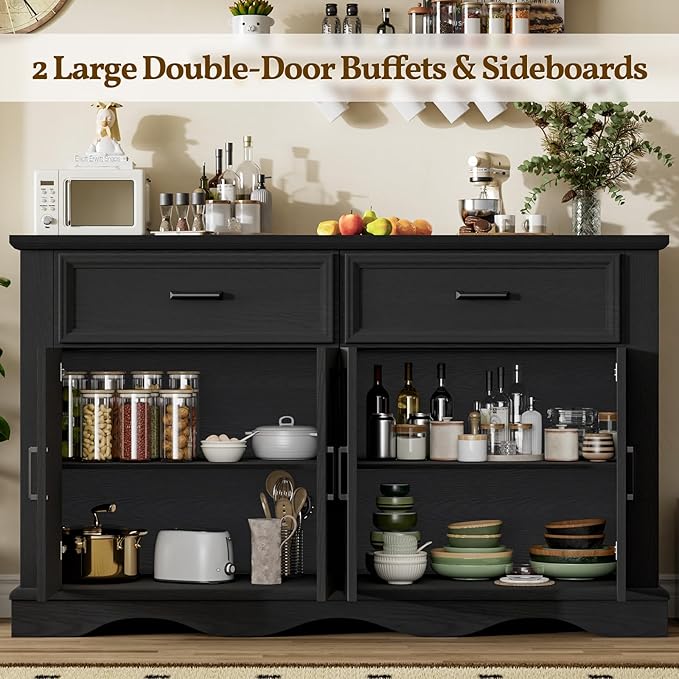 56" Large Wooden Buffet Cabinet with Storage, Modern Coffee Bar and Wine Bar, Wave Base Design, Multi-Purpose Buffet Table with Charging Station for Dining Room, Kitchen or Living Room, Black