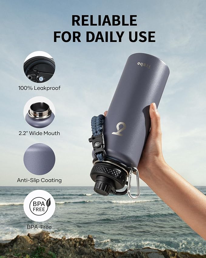 Trebo Water Bottle 40oz with Paracord Handle, Half Gallon Large Vacuum Double Wall Stainless Steel Insulated Water Jug with Holder Strap Straw Spout Lids, Leakproof Keep Cold & Hot, Grayish purple