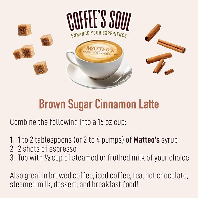 Matteo's Brown Sugar Cinnamon Syrup for Coffee, Lattes, Cappuccinos & Desserts – Sugar-Free Sweetener for Beverages, Keto Friendly, Zero Calories, Indulgent Flavor, Non-Alcoholic, 33.8oz (6pk)