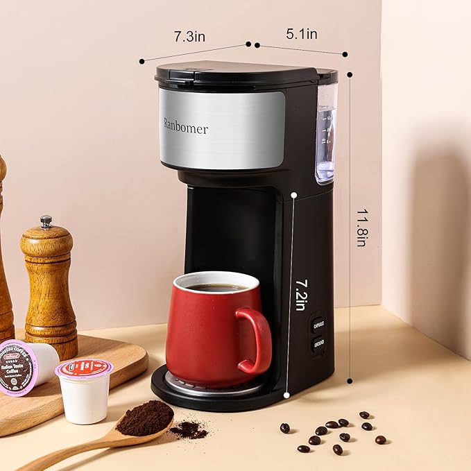 K Cup Coffee Maker, Single Serve coffee machine or Ground Coffee Machine 2 in 1, 6 to 14 Oz Brew Sizes, Mini One Cup Coffee Maker with Self cleaning Function, Fits Travel Mug Black