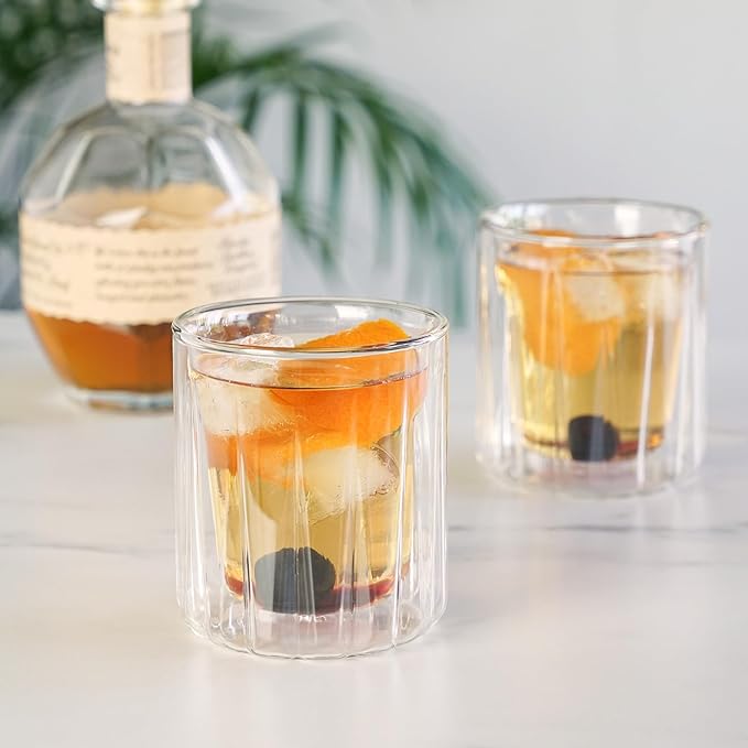 Viski Double Walled Rocks Glasses - Insulated Whiskey Tumblers with Cut Crystal Design - Dishwasher Safe 10.5oz Set of 2