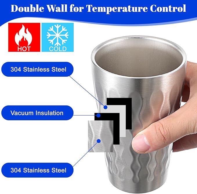 JIEYAO 4 Pack Stainless Steel Cups, 16oz Double Wall Insulated Tumblers Unbreakable Stackable Metal Cups Heat Resistant Drinking Glasses for Travel Camping Home Outdoor