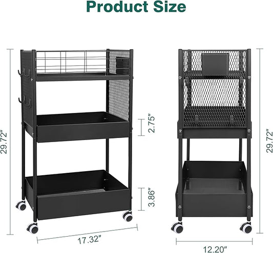 3-Tier Rolling Storage Cart Metal Utility Cart with Wheels, Office Organizer with Hanging Cups, Hooks, Book Snack Craft Mobile Shelving Unit for Office Kitchen Nursery