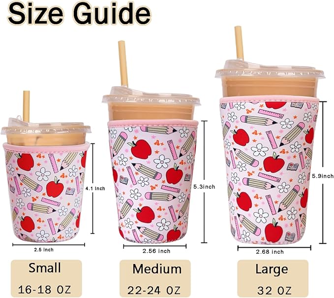 Reusable Insulated Sleeve for Iced Coffee Cup, Coffee Neoprene Sleeve for Cold & Hot Drinks, Beverage Holder for Iced Coffee (Teacher Treasure, Small: 16-18oz)