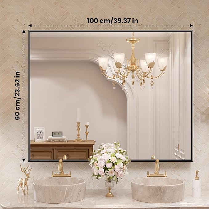 LOAAO Black Bathroom Mirror 40"X24" for Wall, Rectangle Bathroom Vanity Mirror, Tempered Glass, Hangs Vertically or Horizontally, Easy to Install, Modern Design