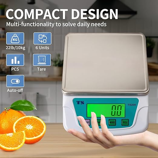 Food Kitchen Scale 22lb/0.2g Precision -304 Stainless Steel with Backlit LCD,Tare & PCS Function,6 Units Conversion(g/oz/lb/kg/ml/ct) for Baking Cooking Meal Prep, USB/Battery Powered