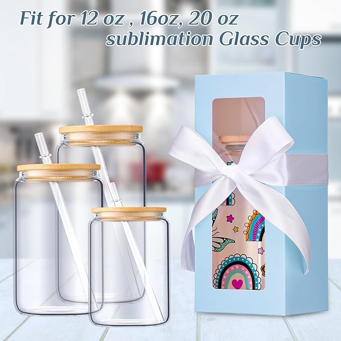 Honoson 24 Pcs Tumbler Gift Box with Ribbon for Sublimation Glass Exhibition Boxes Transparent for 12oz 16oz 20oz Drinking Cup Glasses Jars Mug Can Blanks(Light Blue)