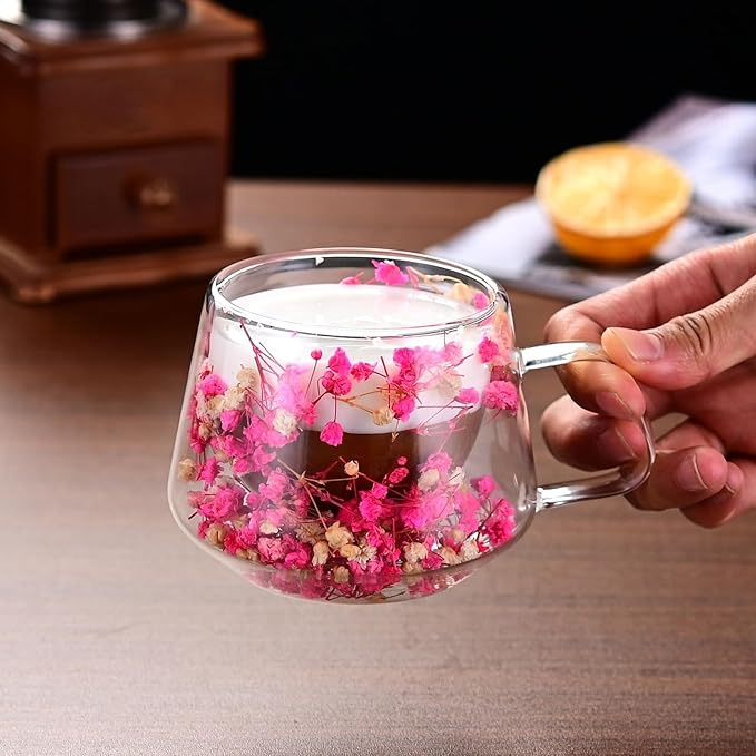 200ML Double Wall Insulated Cup Clear Glass Mug with Handle Preserved Flower Mug Floral Glass Real Coffee Cup with Protective Sleeve and Case Pink 200ML