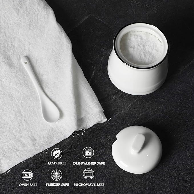 HAOTOP Porcelain Salt Bowl with Lid and Spoon,Ceramic Sugar Bowl 12oz (White)