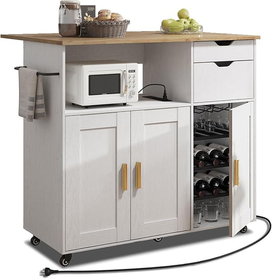 Rolling Mobile Kitchen Island Cart with Desktop Drop Leaf Countertop, Island Table Storage with 5 Wheels, Rolling Kitchen Cabinet with Power Socket (White, Model 2)