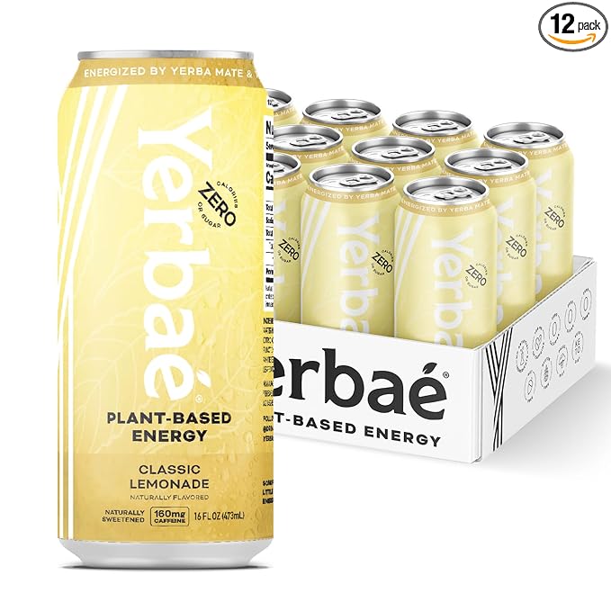 Yerbae Classic Lemonade Energy Drink – Plant-Based, 0 Sugar, 160mg Caffeine, 16oz Cans (12 Pack)