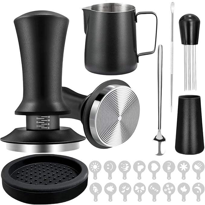 Gmnuiy22 PCS 51mm Coffee Tamper ，Espresso Accessories，Barista Kit with Espresso Tamper ，Frothing Pitcher，WDT Tool，Coffee Stirrer，Tamper Mat ，Coffee Stencils ， Latte Art Pen