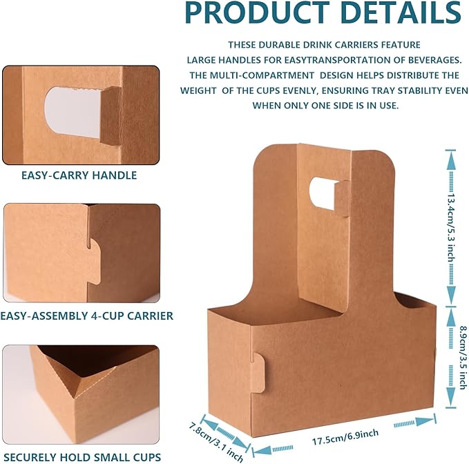 100 Pack 2-Cup/4-Cup Drink Carrier with Handle (12-30oz) | Disposable Paperboard Cup Holder | Foldable Beverage Tray for Hot/Cold Drinks, Coffee to Go, Delivery & Takeout
