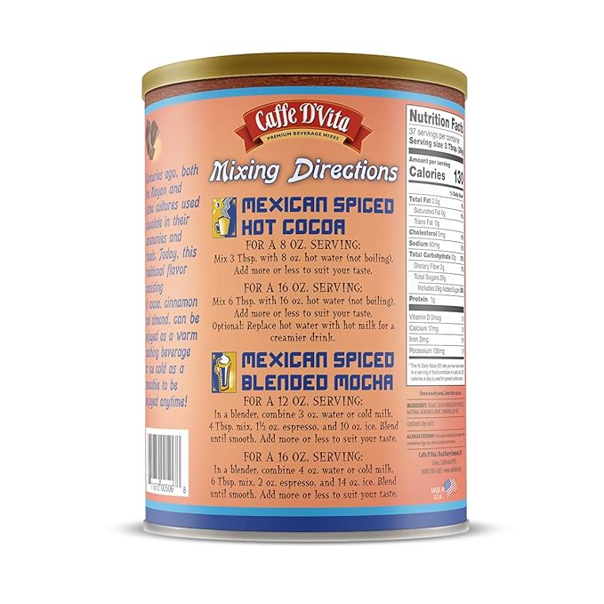 Caffe D'Vita Mexican Spiced Ground Chocolate - Mexican Chocolate Drink, Spiced Coffee, Gluten Free, Low Fat, No Cholesterol, No Hydrogenated Oils, No Trans Fat, Kosher-Dairy, Mexican Coffee - 3 Lb Can