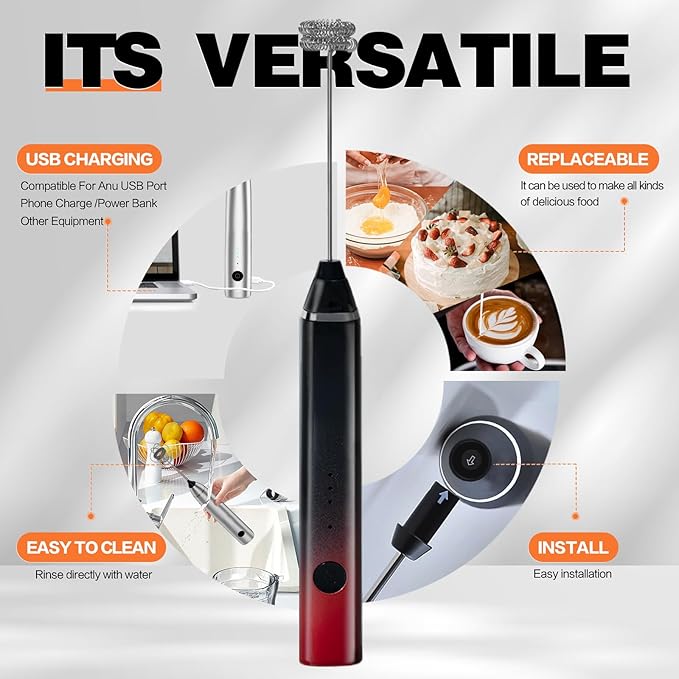 Milk Frother Rechargeable Handheld Electric Whisk Coffee Frother Mixer with 3 Stainless whisks 3 Speed Adjustable Foam Maker Blender for Coffee Matcha Latte Cappuccino Hot Chocolate（Black Red）