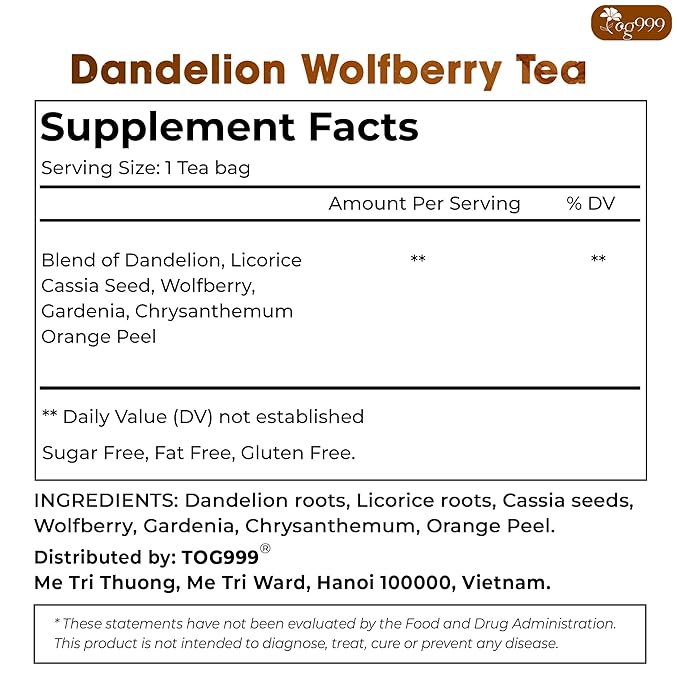 TOG999, Organic Dandelion Wolfberry Tea, 9 Herbal Ingredients, Traditional Recipe Tea for Kidney & Liver, Natural Dandelion, Wolfberry, Gardenia, Cassia Seed, Chrysanthemum, Licorice, Orange Peel (30 Bags)