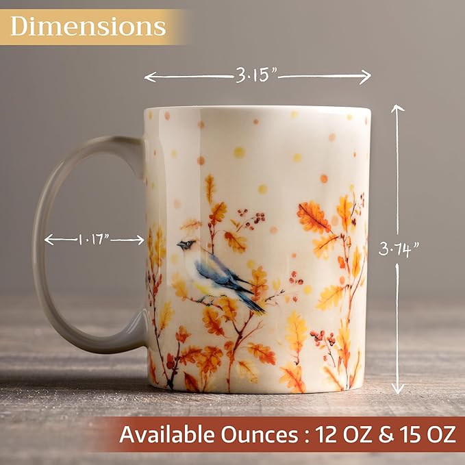 Maison d' Hermine Coffee Mug with Handles Fine Bone China Mugs Pack of One Tea Cups for Hot Beverages Cappuccino Latte Home Restaurant Office Perfect for Gift (Oak Leaves - Jaya & Friends, 12 Ounce)