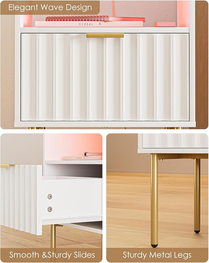 Nightstand with Charging Station and LED Lights, Modern White Bedside Table with Fluted Panel Drawer and Gold Legs, Side Table with USB Ports & Outlets for Bedroom, Living Room