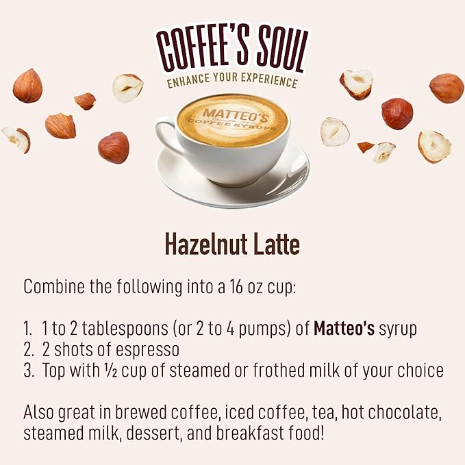 Matteo's Hazelnut Syrup for Coffee, Lattes, Cappuccinos & Desserts – Sugar-Free Sweetener for Beverages, Keto Friendly, Zero Calories, Indulgent Flavor, Non-Alcoholic, Ideal for Coffee 33.8oz (1pk)