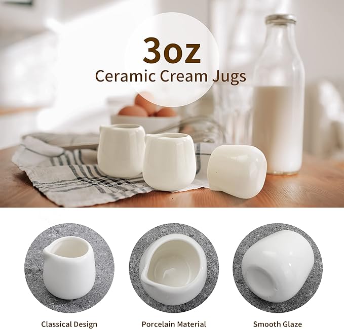 12Pack 3 oz Mini Cream Pitcher, Mini Ceramic Cream Pitcher, Small Creams Jugs, White Porcelain Creams Pitcher for Milk, Coffee, Jam, Sauces