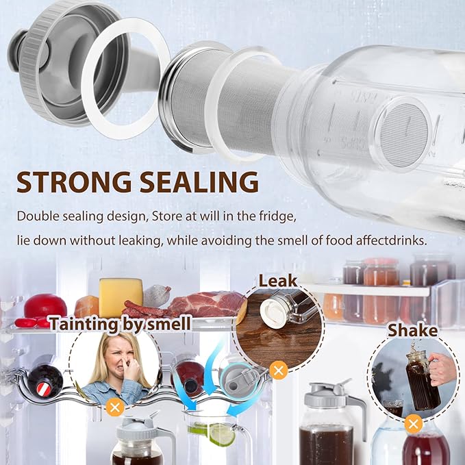 Cold Brew Coffee Filter with Pour Spout Lid for 32 OZ Wide Mouth Mason Jar, 304 Stainless Steel Strainer with Seal Ring for Iced Drinks, Sun Tea Infuser and Cold Brew Coffee Maker