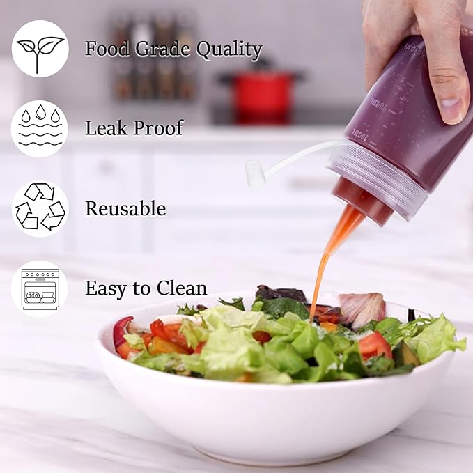 Katfort Condiment Squeeze Bottles Ketchup Dispenser, 6 Pack 12oz Squeeze Bottles for Liquids, Plastic Sauce Bottle with Cap Lid, Squirt Bottles for Sauces Liquids BBQ Dressing Pancake Art