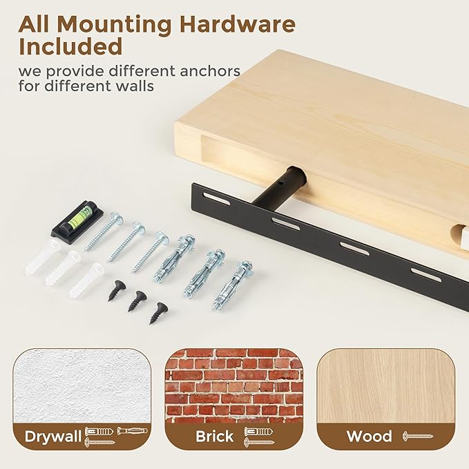 Marsmiles Floating Shelves for Wall - 36 Inch Natural Unfinished Wood Floating Shelves Set of 2-36 Inch Wide x 7.7 Inch Deep x 1.6 Inch Thick Natural Wooden Shelves for Room Wall