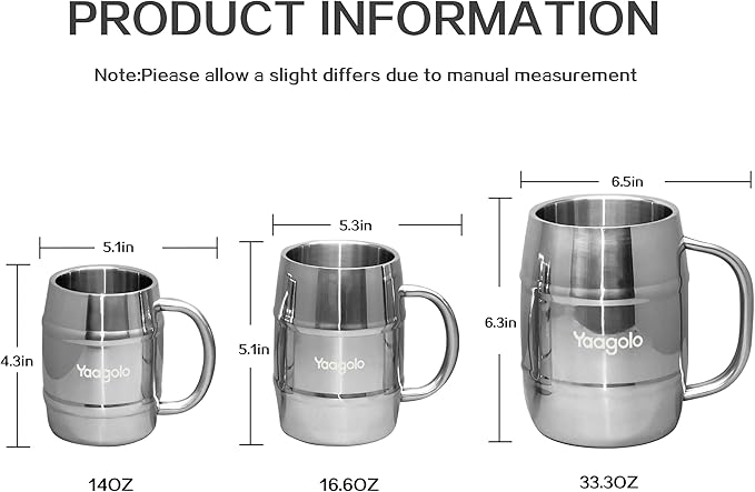 Insulated Beer Stein, 2 Pack 32oz Double Wall Stainless Steel Beer Stein with Handle, Insulated Stein Mug for Cold Drinks, Hot Coffee, Milk, Shatterproof Cups for Men Women
