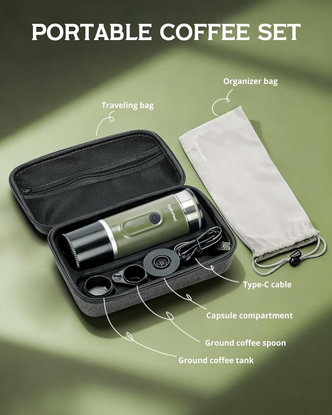 Portable Espresso Machine, 9600mAh, Travel Electric Coffee Maker with 20 Bar Self-Heating, Lightweight Car Coffee Machine with NS Capsules & Grounds for RV, Hiking, Camping, Office