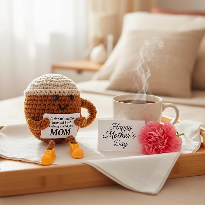 Birthday Gifts for Mom from Daughter Son Kids, Mothers Day Crochet Coffee Lover Gifts, Cute Funny Small Handmade Presents Meaningful Desk Decor