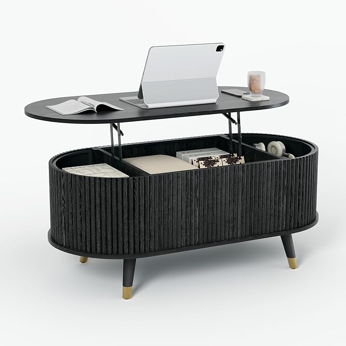 42.5" Oval Lift Top Coffee Table with Storage,Modern Black Center Table with Fluted Design, Solid Wood Legs & Hidden Compartment, Pop Up Cocktail Table for Living Roomm