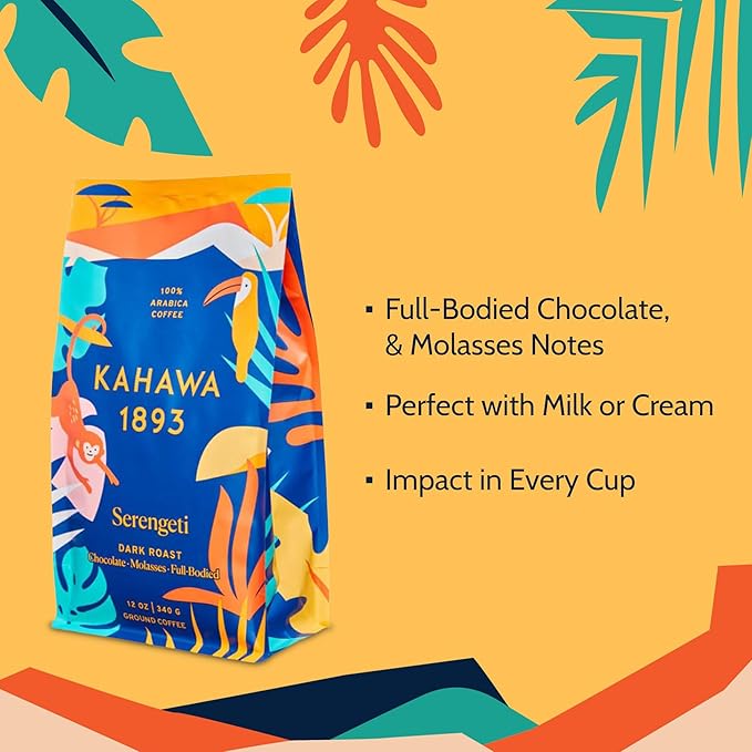 Kahawa 1893 Ground Coffee Dark Roast Serengeti Blend 12 Oz - As Seen on Shark Tank, Low Acid, High Antioxidants, Naturally Sweet, Organically Grown, Ethically & Sustainably Sourced